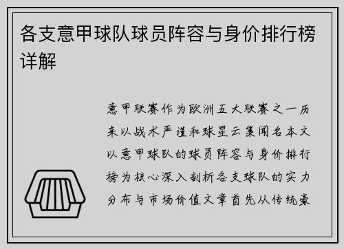 各支意甲球队球员阵容与身价排行榜详解